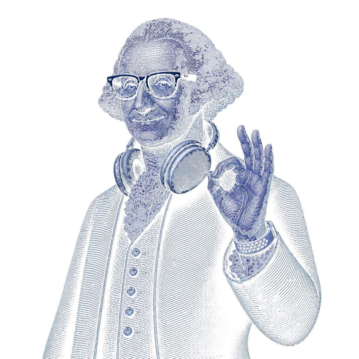 Engraved banknote portrait of George Washington in glasses and headphones, giving an OK hand sign