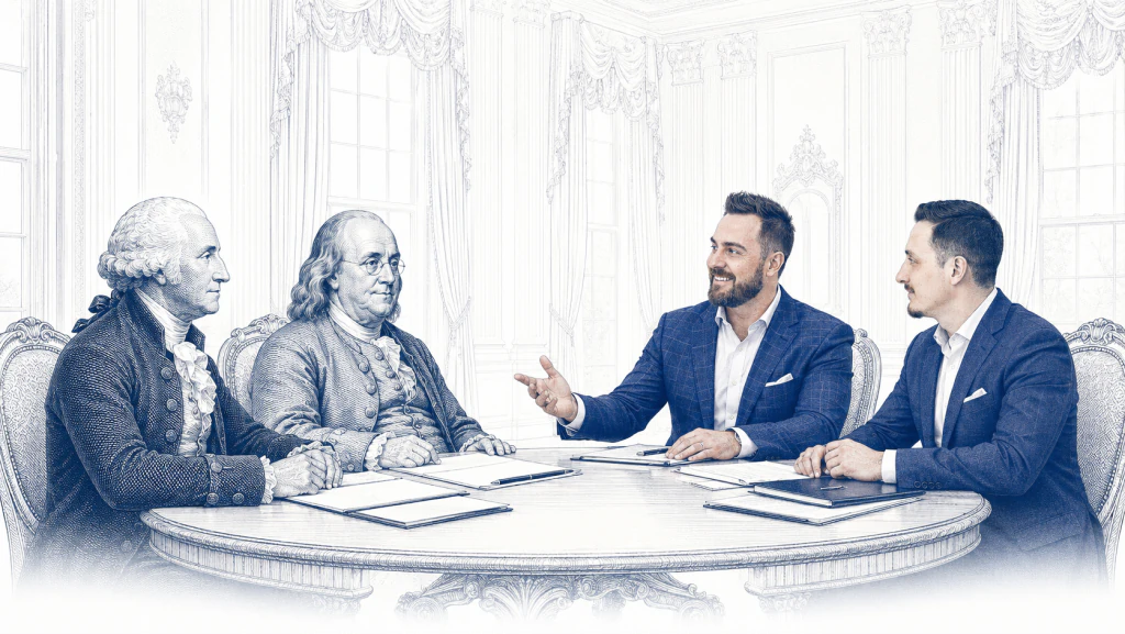 Engraved banknote-style illustration of George Washington and Benjamin Franklin seated at a boardroom table, talking across it with two modern advisors in suits.
