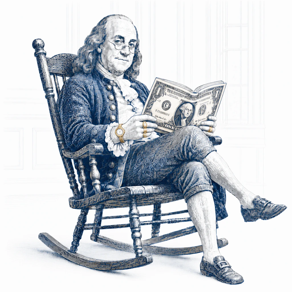 Benjamin Franklin, drawn in banknote engraving style, rocking in a chair while reading a folded dollar bill like a book.