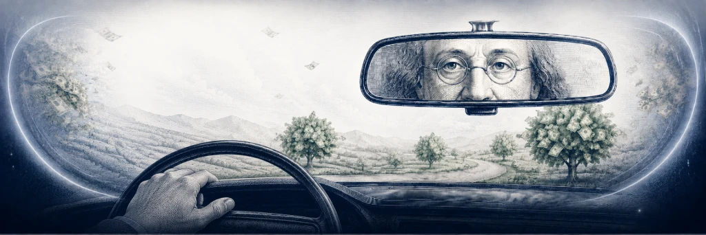 Driver's view through a windshield, drawn in engraved banknote line-work: hands on the steering wheel, a winding road running past trees hung with folded bills, and Benjamin Franklin's eyes watching from the rearview mirror.