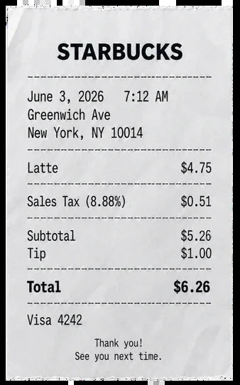 Photo of a Starbucks receipt totalling $6.26.