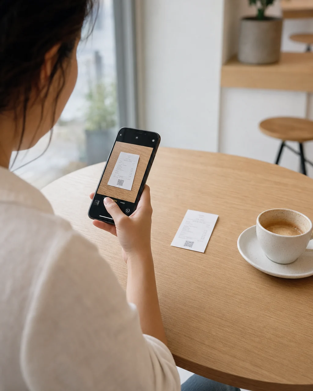 A woman at a coffee shop table photographing a paper receipt with her iPhone, an espresso beside it.