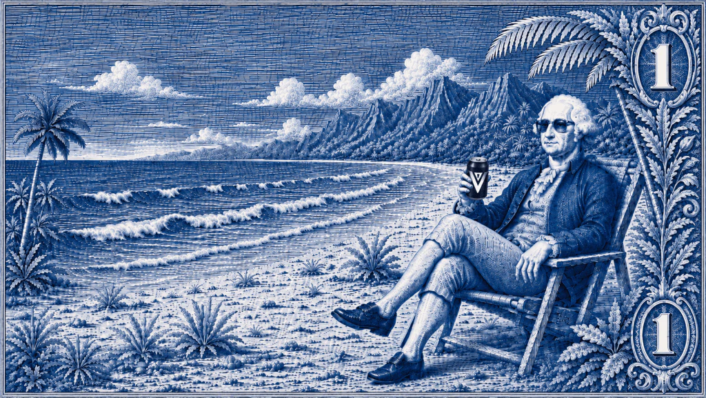 Engraved banknote scene in blue line-work: George Washington in sunglasses, reclining in a deck chair on a palm-lined beach with a drink bearing the Vaulted mark.